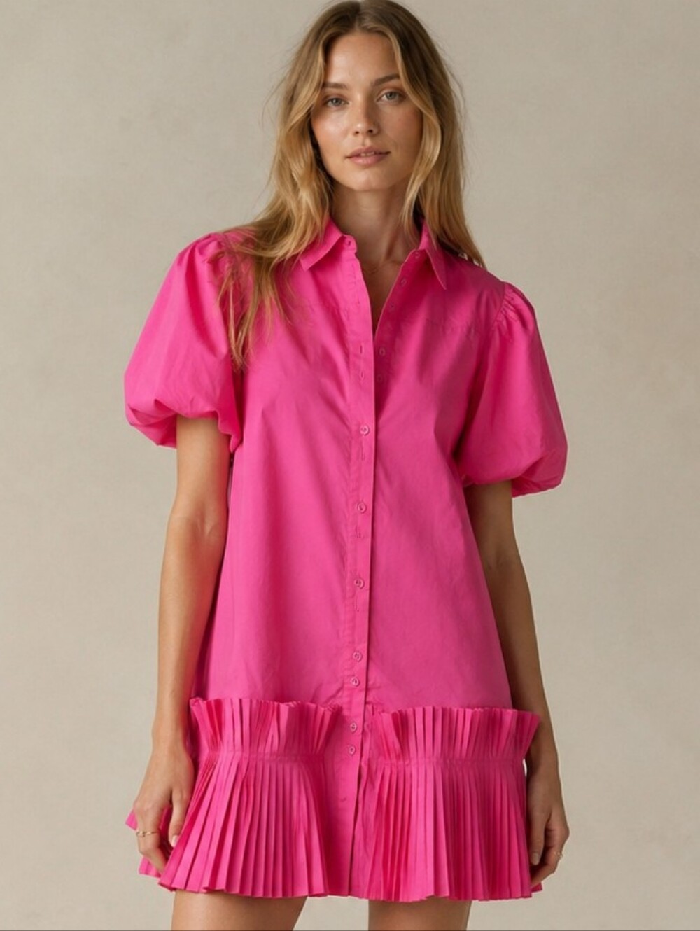 AUREUM Hot Pink Puff-Sleeve Pleated-Hem Poplin Cotton Mini Shirt Dress Size M